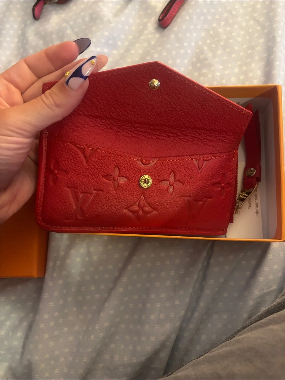 Red Embossed Leather Key Pouch with Gold Hardware